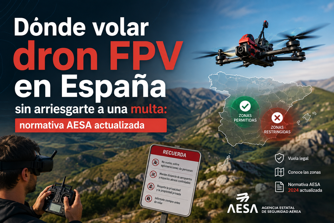 Piloto de dron FPV volando en campo abierto en Espana cumpliendo la normativa AESA