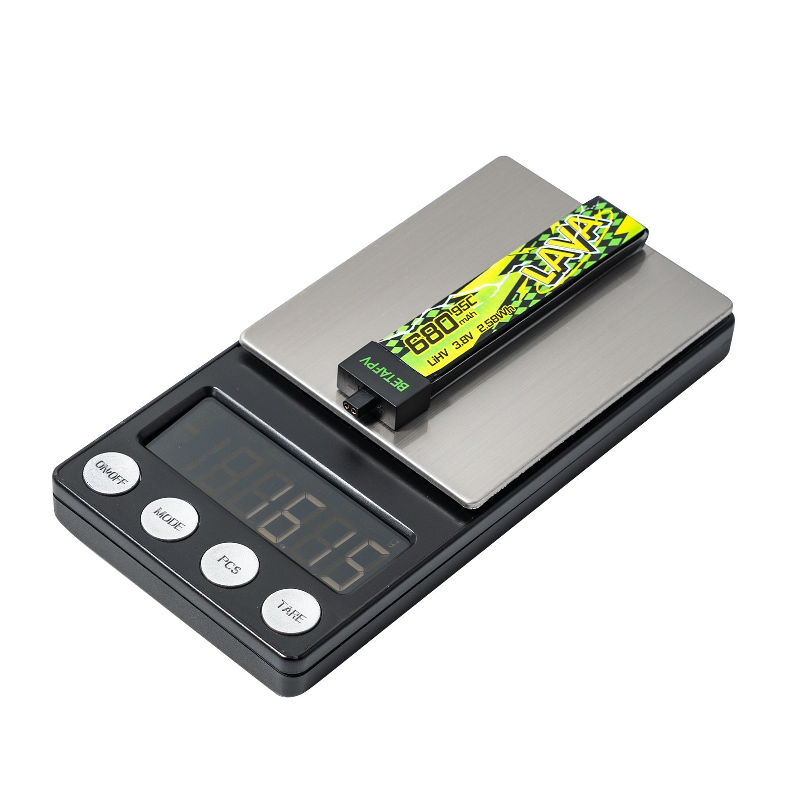 Peso real de la batería LAVA II 1S de 680 mAh en báscula: 16,2 gramos