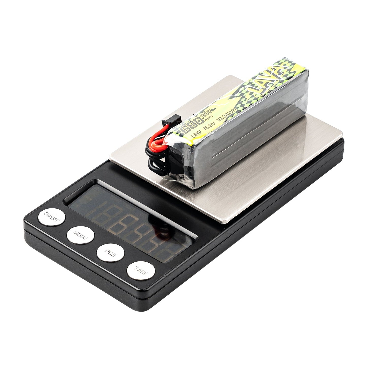Peso real de la batería LAVA II 4S de 680 mAh en báscula: 64,2 gramos