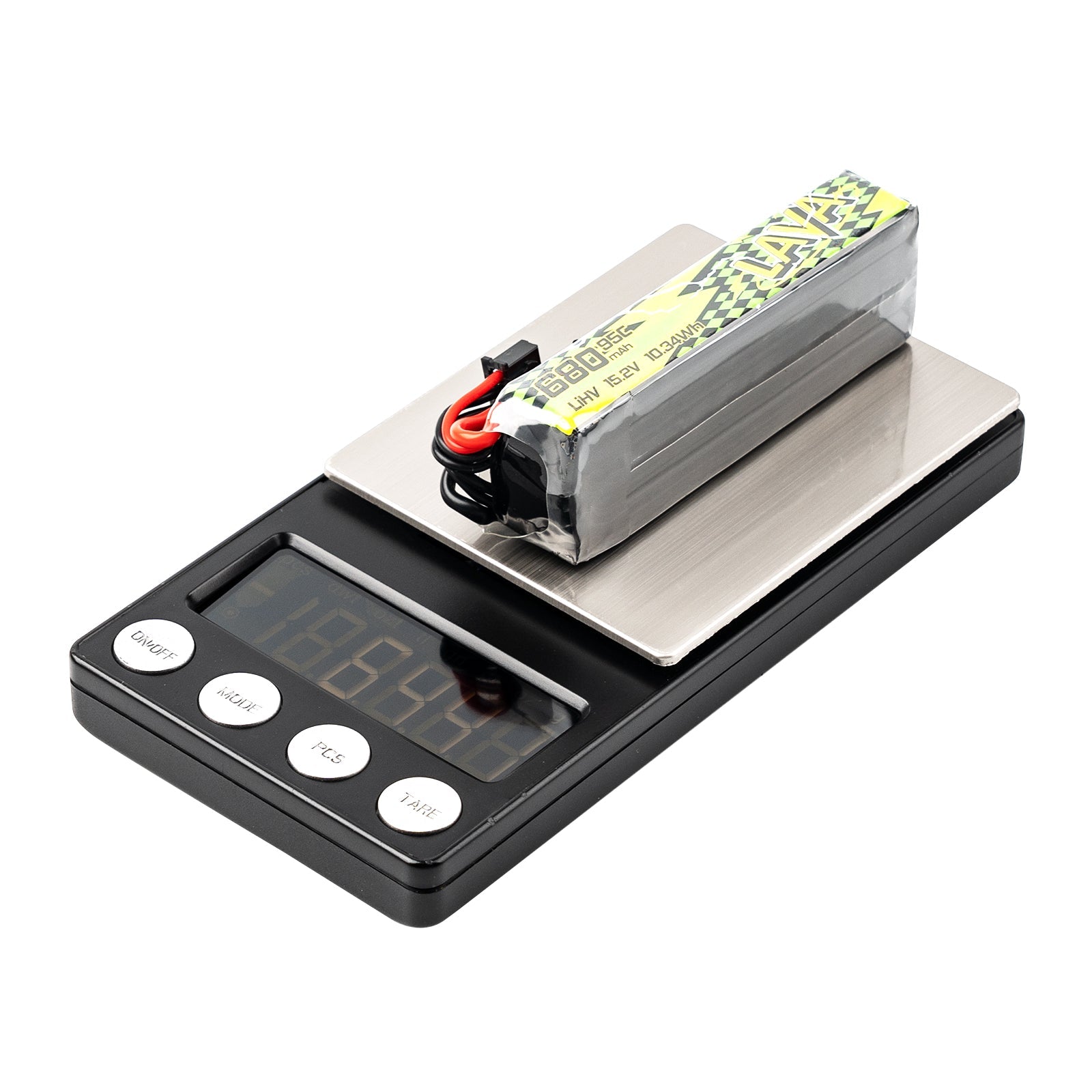 Peso real de la batería LAVA II 4S de 680 mAh en báscula: 64,2 gramos