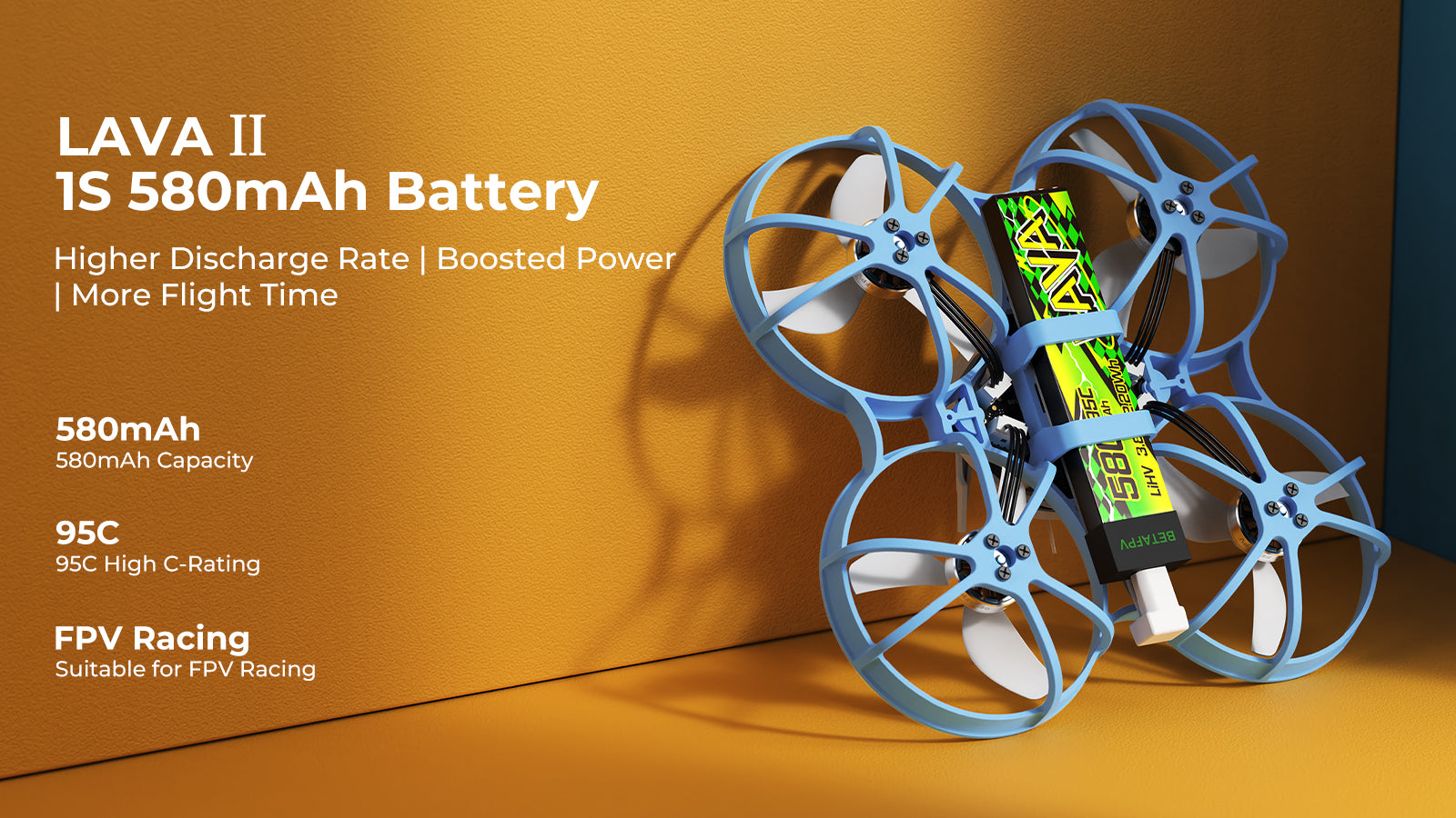 Batería LAVA II 1S de 580 mAh instalada en el BetaFPV Meteor75 Pro